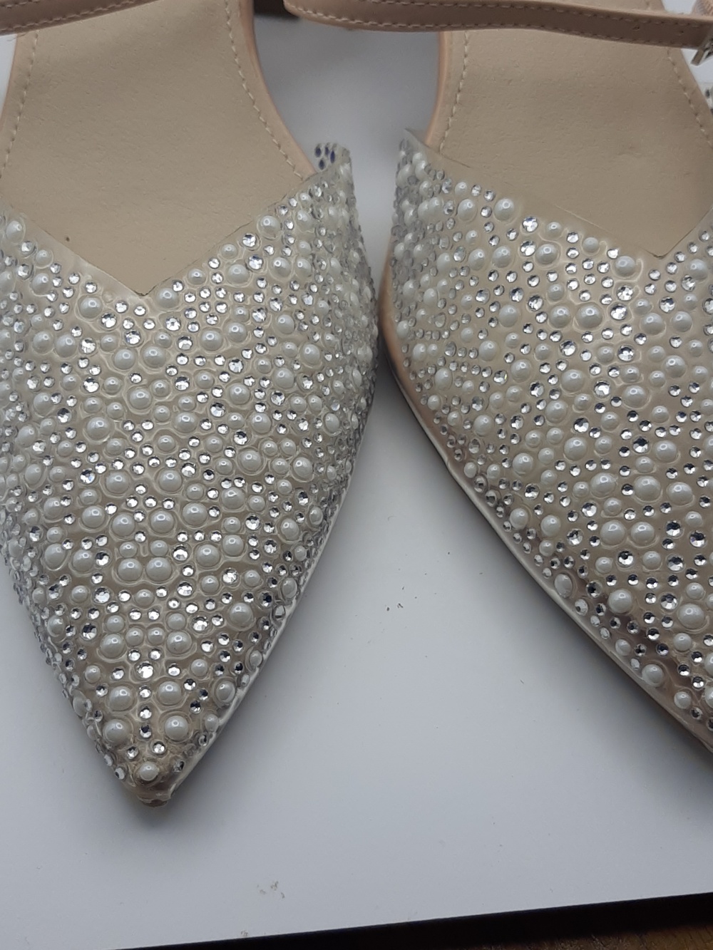PROM? WEDDING? Rampage Nude Pearl & Silver Embellished Pointed Block Heel Mules - Picture 2 of 6